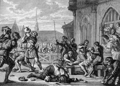Martyr of Saint Leger and Count Guarin, 675: the eveque Saint Leger, on the right, has tongue and lips cut. His brother, Count Guarin is stoned. Engraving by Jean Michel Moreau, dit Moreau le Jeune by Jean Michel the Younger Moreau