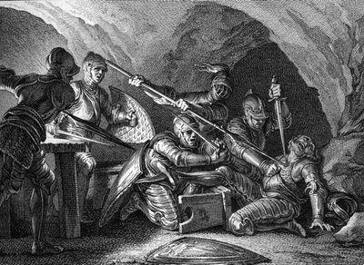 Meeting of the Duchy of Aquitaine to the Crown: Assassination of Waifre, Duke of Aquitaine (767 or 768). Engraving by Romanet after Moreau le jeune (1779). by Jean Michel the Younger Moreau
