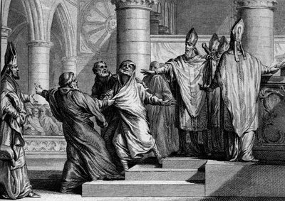 Penitence and Deposition of Louis I the Pious or the Debonnaire (778-840), 833: After Confessing, the King is Stripped of Imperial Ornaments by the Archbishop of Reims, Then Covered with a Bag of Penitent. Engraving by Jean Michel Moreau, dit Moreau le Jeu by Jean Michel the Younger Moreau