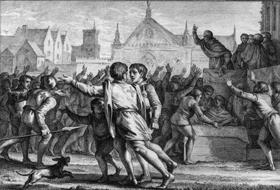 Pope Urban II (1042-1099) haranguing the crowd at the Clermont Council to encourage the population to take part in the First Crusade and to receive the red cloth cross, symbol of the engravings by Jean Michel the Younger Moreau