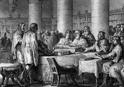 Re-establishment of studies in the West by the King of the Francs Charlemagne and the monk Alcuin by Jean Michel the Younger Moreau