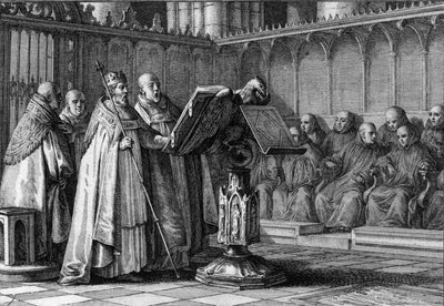 Robert II the Pious (970-1031), King of the Franks, singing at a religious service in front of a lectern. He wears his crown and holds his sceptre. Engraving by Jean Michel Moreau, dit Moreau le Jeune (1741-1814) by Jean Michel the Younger Moreau