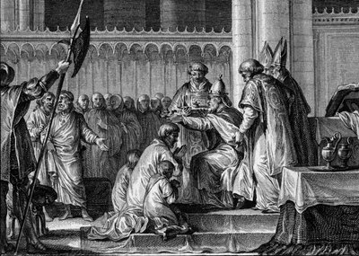 Sacred Pepin the Brief, Basilica of Saint Denis, 28 July 754. Engraving by Jean Michel the Younger Moreau