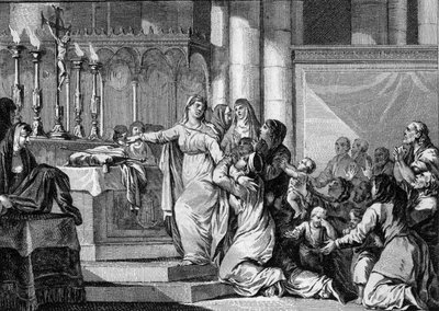 Sainte Bathilde (or Batilde, Bathylle, Beaudour) (626-680), Queen of the Francs and widow of Clovis II, decided to take the veil in the monastery of Chelles in 665. His subjects try to stop him. Engraving by Jean Michel Moreau, dit Moreau le Jeune (1741-18 by Jean Michel the Younger Moreau
