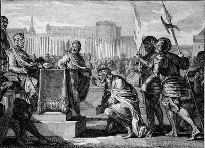 Tassilon III, Duke of Bavaria, prostrates to Charlemagne at Ingelheim, 788. Engraving by Jean Michel Moreau by Jean Michel the Younger Moreau