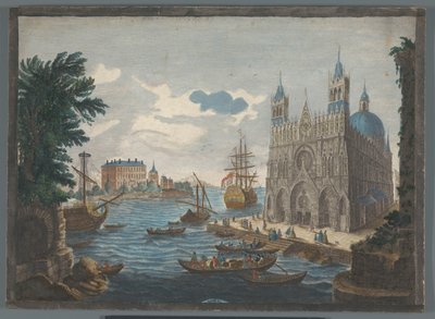 View of a Gothic Cathedral by the Water by Jean Moyreau