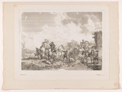 Resting Hunting Party by a Fountain (La Fontaine de Venus) (Prints after Paintings by Philips Wouwerman series) (Oeuvres de Ph.pe Wouwermans Hollandois series) by Jean Moyreau