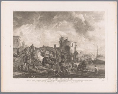 Various Figures and Horses by the Water in Front of a Bridge by Jean Moyreau
