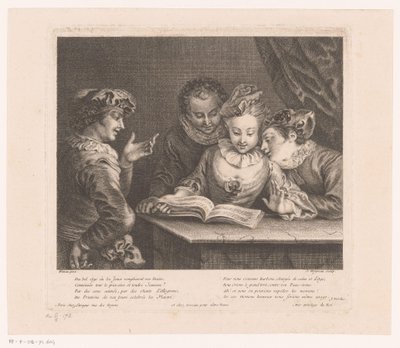 Young Woman Singing and Three Young Men at a Table Oeuvre of Antoine Watteau (series title) by Jean Moyreau