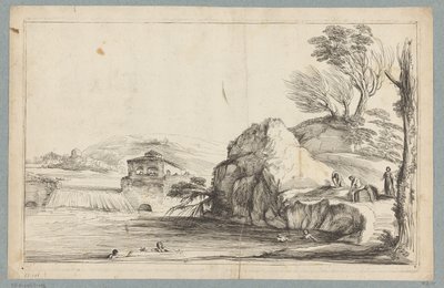 Landscape with Swimmers by a Small Waterfall (series title) by Jean Pesne