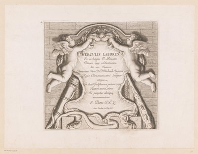 Title Print with Two Putti and the Attributes of Hercules from Works of Hercules (series title) by Jean Pesne