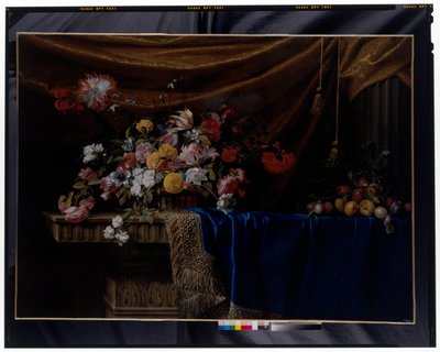 A Still Life of a Basket of Flowers and a Mound of Fruit on a Sculpted Stone Table by Jean Picart