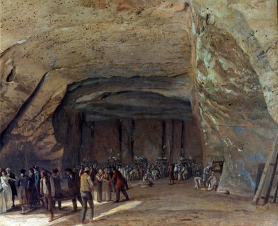 Cave used as warehouse for salt in Dieppedalle circa 1789. Workers in a salt quarry. Painting by Jean Pierre Houel by Jean Pierre Houel