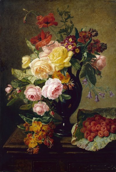 Roses, Poppies, Wallflowers in a Vase with Raspberries by Jean Pierre Lays