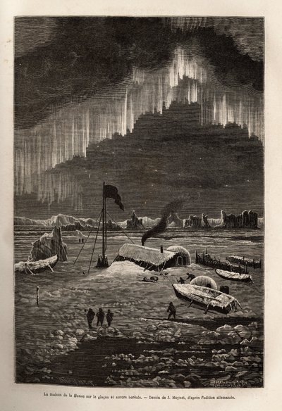 After the abandonment of their ship, the crew of La Hansa built a camp on a drifting ice floe, illuminated by the aurora borealis, engraving after the drawing of J. Moynet, illustrating the voyage of the ships La Germania and La Hansa to the North Pole by Jean Pierre Moynet