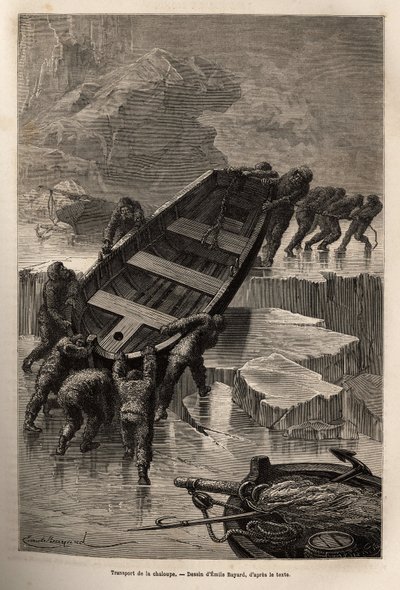After the destruction of their camp, the crew of La Hansa carries boats and material from one iceberg to another. Engraving illustrating a voyage by Jean Pierre Moynet