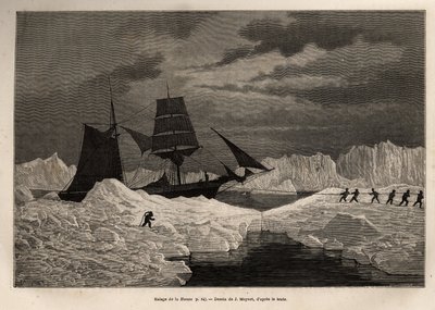 The hauling of the German ship La Hansa by its crew to cross an ice barrier. Engraving illustrating a voyage to the North Pole by Captain Hegemann, published in 
