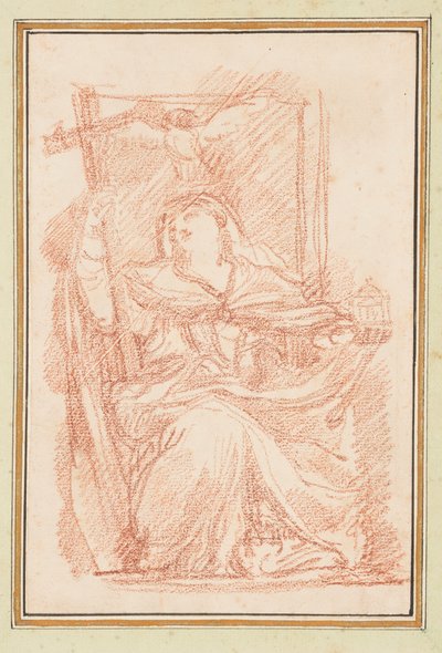 Seated Female Figure with Cross and Building Model by Jean Robert Ango