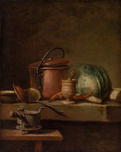 Still Life with Copper Pot, Cabbage, Pestle, and Stove by Jean Baptiste Simeon Chardin