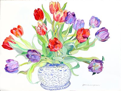 Tulips in Bowl With Painted Fish & Bird Design, 2006 by Jean Swan Gordon