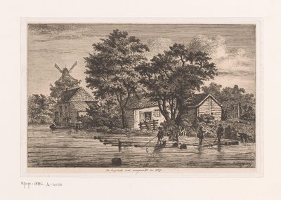 View of the English Fort in Antwerp with Collected Logs, Buildings and a Mill in the Background by Jean Théodore Joseph Linnig