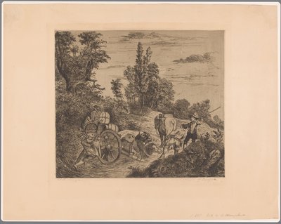 Landscape with a Wagon Stuck in the Water Being Pulled Out by a Group of Men by Jean Théodore Joseph Linnig