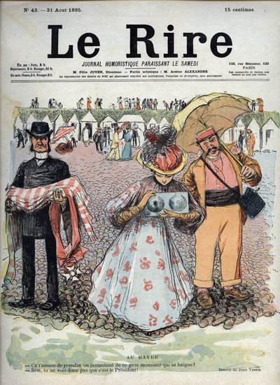 On the beach of Le Havre, a woman turns her camera towards the sea. A man beside her, with a parasol in her hand, asks her if she really wants to take a picture of the fat guy who takes a sea bath. The woman answers that perhaps he did not notice by Jean Veber