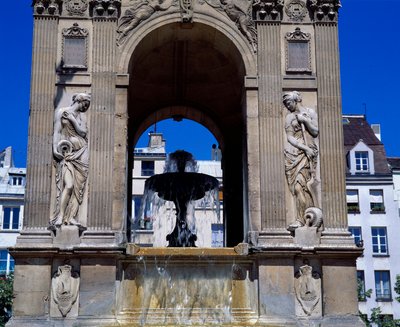 Architecture: detail of the fountain of the Innocents representing the nymphs. Designed by architects Jean Goujon, Augustin Pajou and Pierre Lescot. 1546-1549. Place Joachim du Bellay, Paris. by Jean and Lescot Pierre Goujon