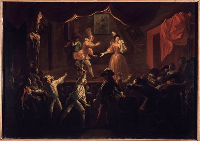 Deplorable successes of this piece. One of the palm players whose clothes had been derobe, gives a big racket to La Rapiniere. Painting illustrating 