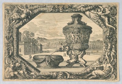 An Urn and Bowl in Eschutcheon, from Fontaines, Cuvettes et Cartouches by Jean le Pautre