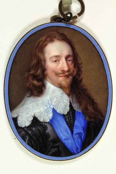 King Charles I in Purple Black Habit with Lace Collar and Blue Ribbon of the Garter by Jean the Elder Petitot