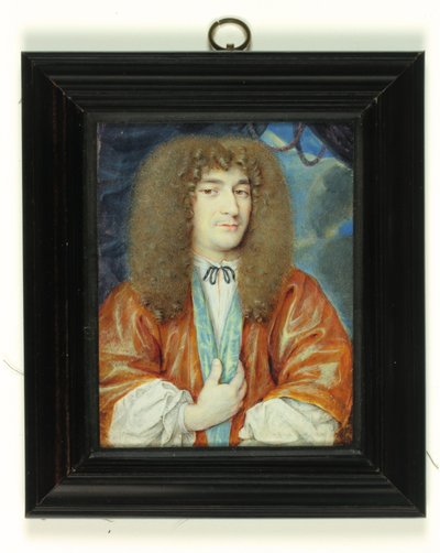 A Gentleman in white shirt and orange gown lined with blue silk, long light brown wig by Jean the Younger (attr.to) Petitot