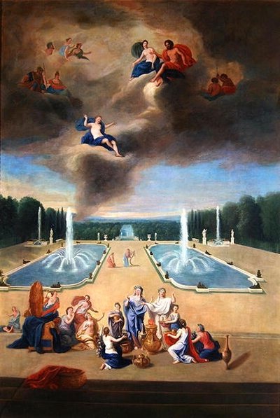 Groves of Versailles. View of the water parterre and the cabinets of animals, with priestesses preparing a sacrifice for Venus by Jean the Younger Cotelle