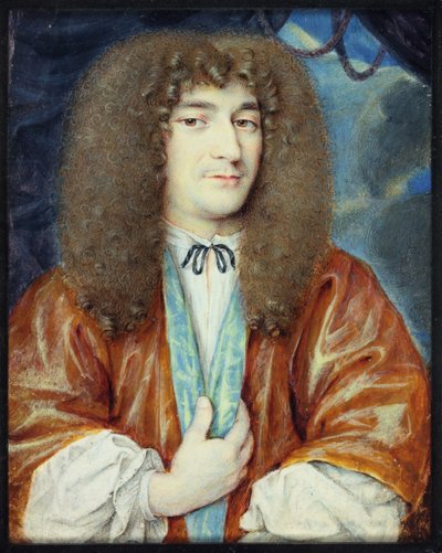 A Gentleman in white shirt and orange gown lined with blue silk, long light brown wig by Jean the Younger attr.to Petitot