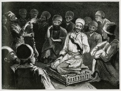 Persian storyteller surrounds his audience. Engraving to illustrate the story 