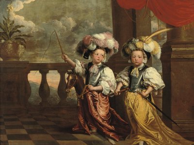 A Double Portrait of Two Boys, Full-Length, Dressed as Knights, One Holding a Flute, the Other on a Hobby-Horse Holding a Whip, Both Standing on a Balcony by Jeanne Vergouwen