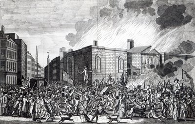 An Exact Representation of the Burning, Plundering and Destruction of Newgate by the Rioters on the Memorable 7th June 1780, engraved by Henry Roberts, 1781 by Jefferyes Hammett O