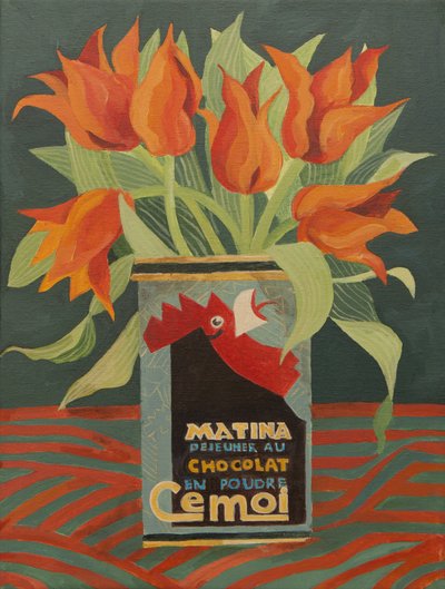 Red tulips in old coffee can by Jennifer Abbott