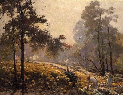 Women Picking Yellow Flowers in a Wooded Landscape by Jeno Karpathy