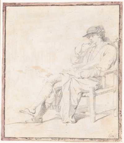 A Young Man in a Hat and Dressing Gown. Full Figure Sitting, Facing Left by Jens Juel