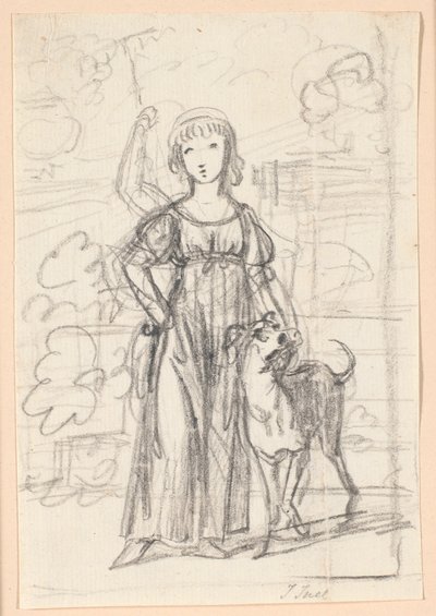 Composition Draft for a Portrait of a Young Girl with Right Hand on Hip and Left Arm Around Her Dog