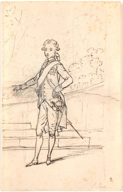 Composition Draft for Full-Length Portrait of Frederik the Sixth as Young Crown Prince. Standing Face Forward with Right Hand on Hip and Left Hand Resting on a Table by Jens Juel
