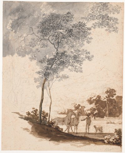 Swiss Landscape with a Rider Holding Two Horses and a Couple of Dogs; Study for the Portrait of Jean-Armand Tronchin by Jens Juel