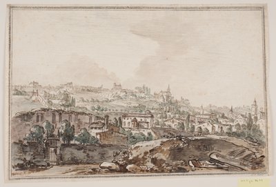 Cityscape with houses and wall by river; in the background churches and palaces by Jens Petersen Lund