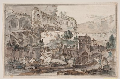 View with Ruins and Houses by a Stream by Jens Petersen Lund