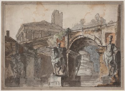 "Roman" Prospect with Bridge, Temple Ruin, and Equestrian Statue by Jens Petersen Lund