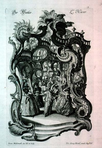 Winter, rococo music sheet depicting a fancy dress ball, pub. by Johann Georg Hertel by Jeremias Wachsmuth