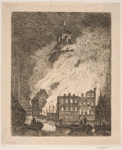 Fire in a Large Building by a River by Jes Bundsen