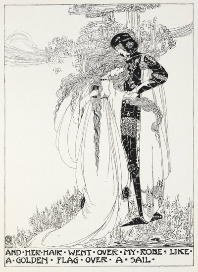 And her hair went over my robe like a golden flag over a sail - a young couple embracing by Jessie Marion King