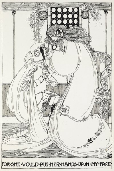 For she would put her hands upon my face - A knight and maiden by Jessie Marion King